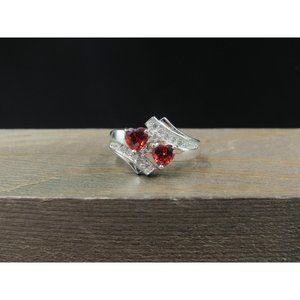 Size 7.5 Sterling Silver Double Red Cubic Zirconia Heart Band Ring